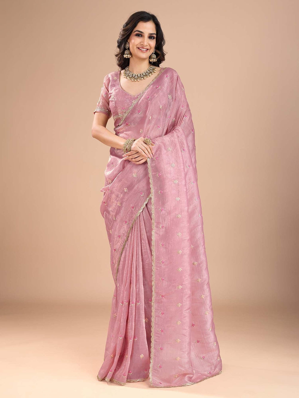 Pink Party Wear Organza Embroidered Saree - The Dori Store