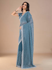 Teal Blue Party Wear Silk Blend Embroidered Saree - The Dori Store