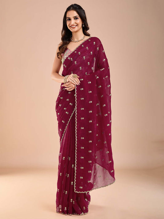 Pink Magenta Party Wear Tissue Embellished Saree