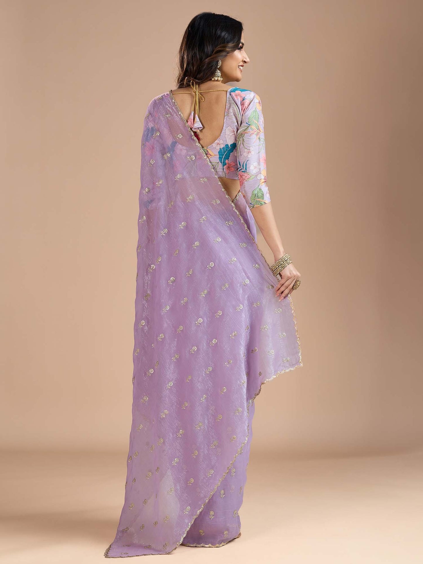 Lavendar Party Wear Tissue Embellished Saree