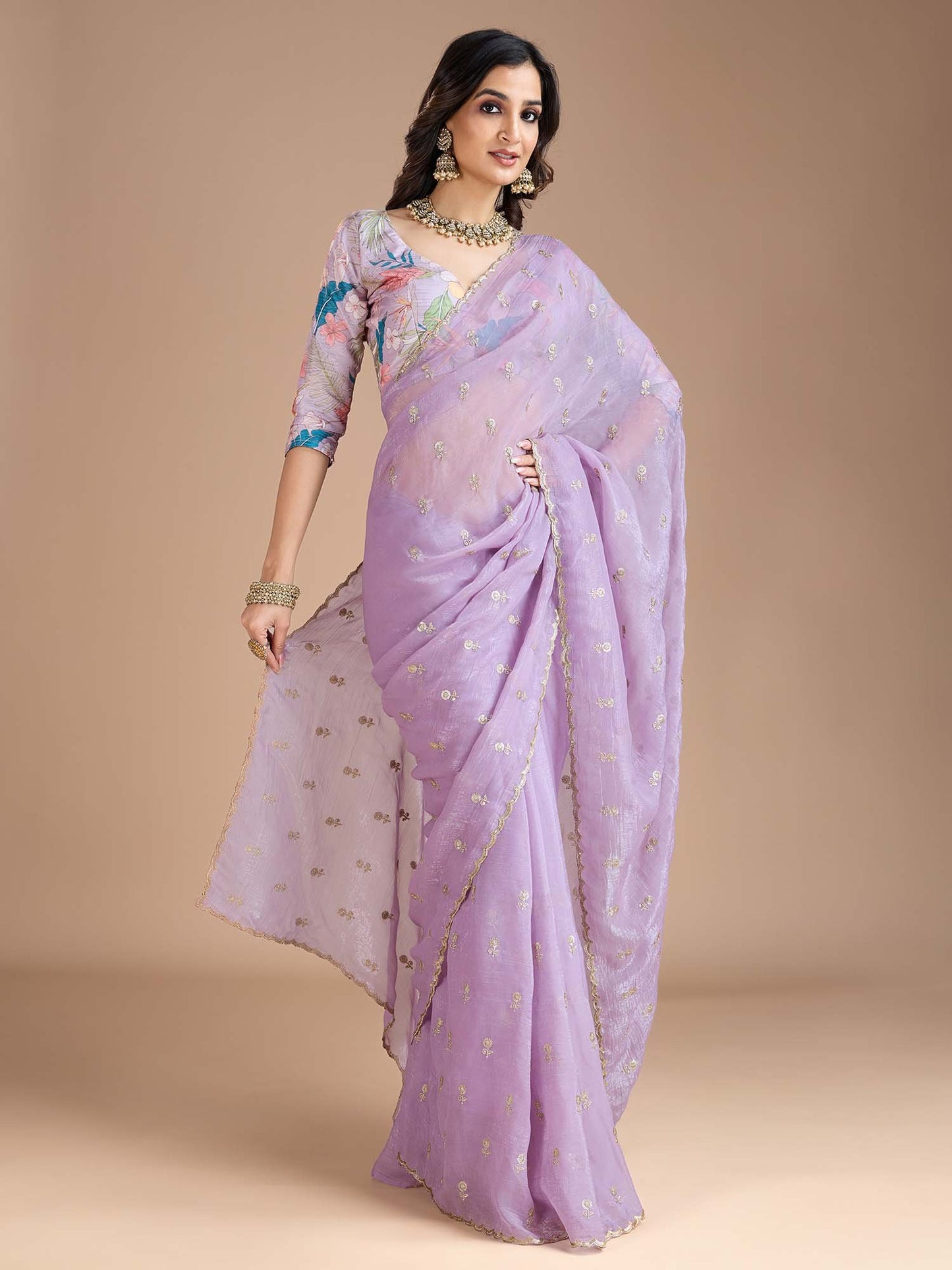 Lavendar Party Wear Tissue Embellished Saree