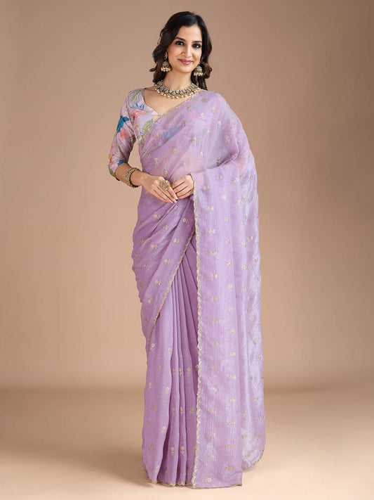 Lavender Lavendar Party Wear Tissue Embellished Saree