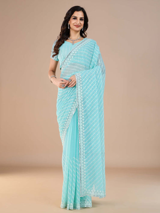 Blue Light Party Wear Silk Blend Embroidered Saree