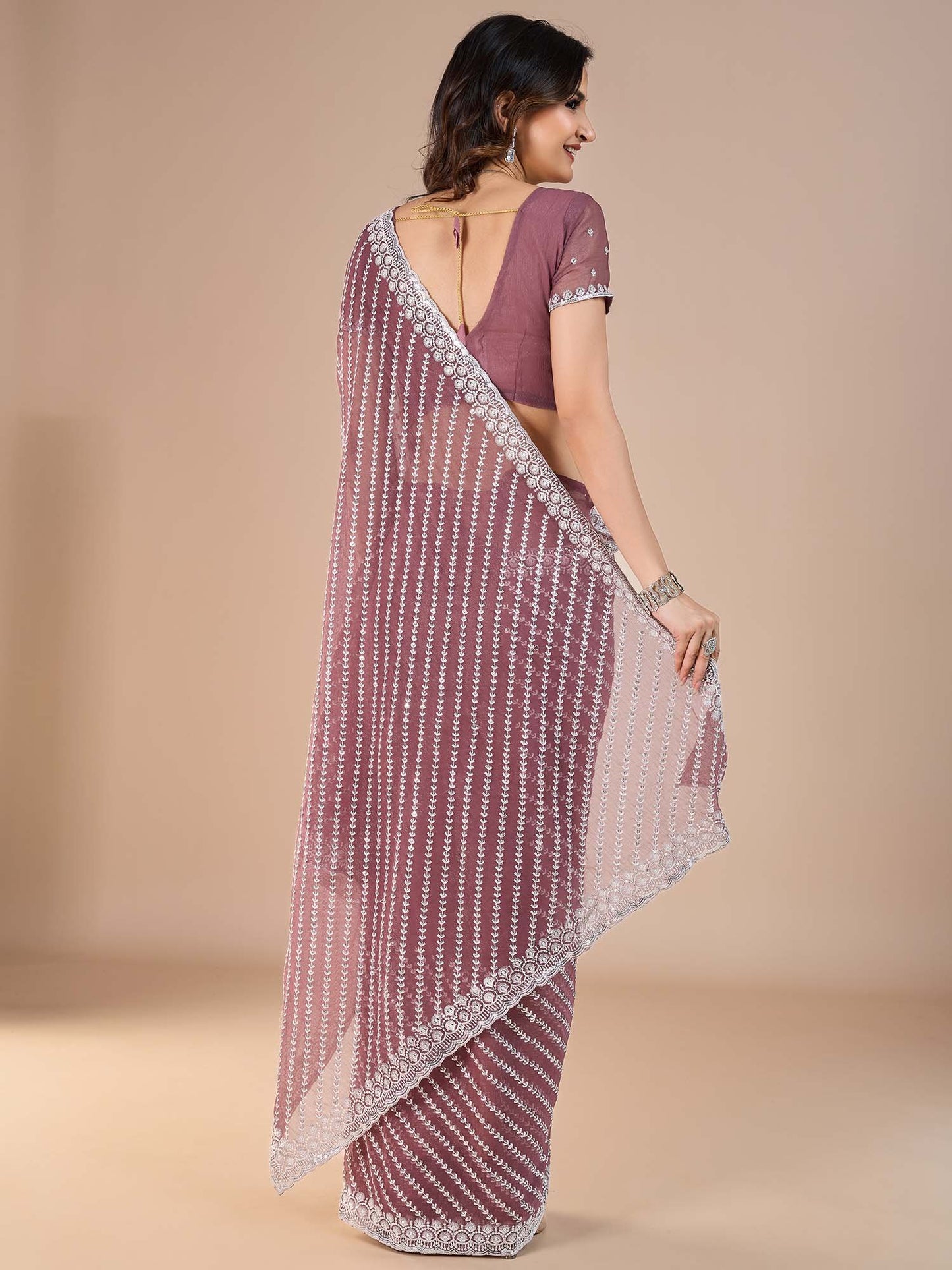 Burgundy Party Wear Silk Blend Embroidered Saree