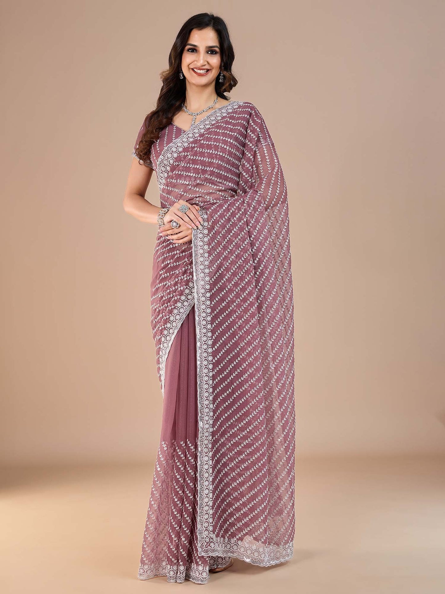 Burgundy Party Wear Silk Blend Embroidered Saree