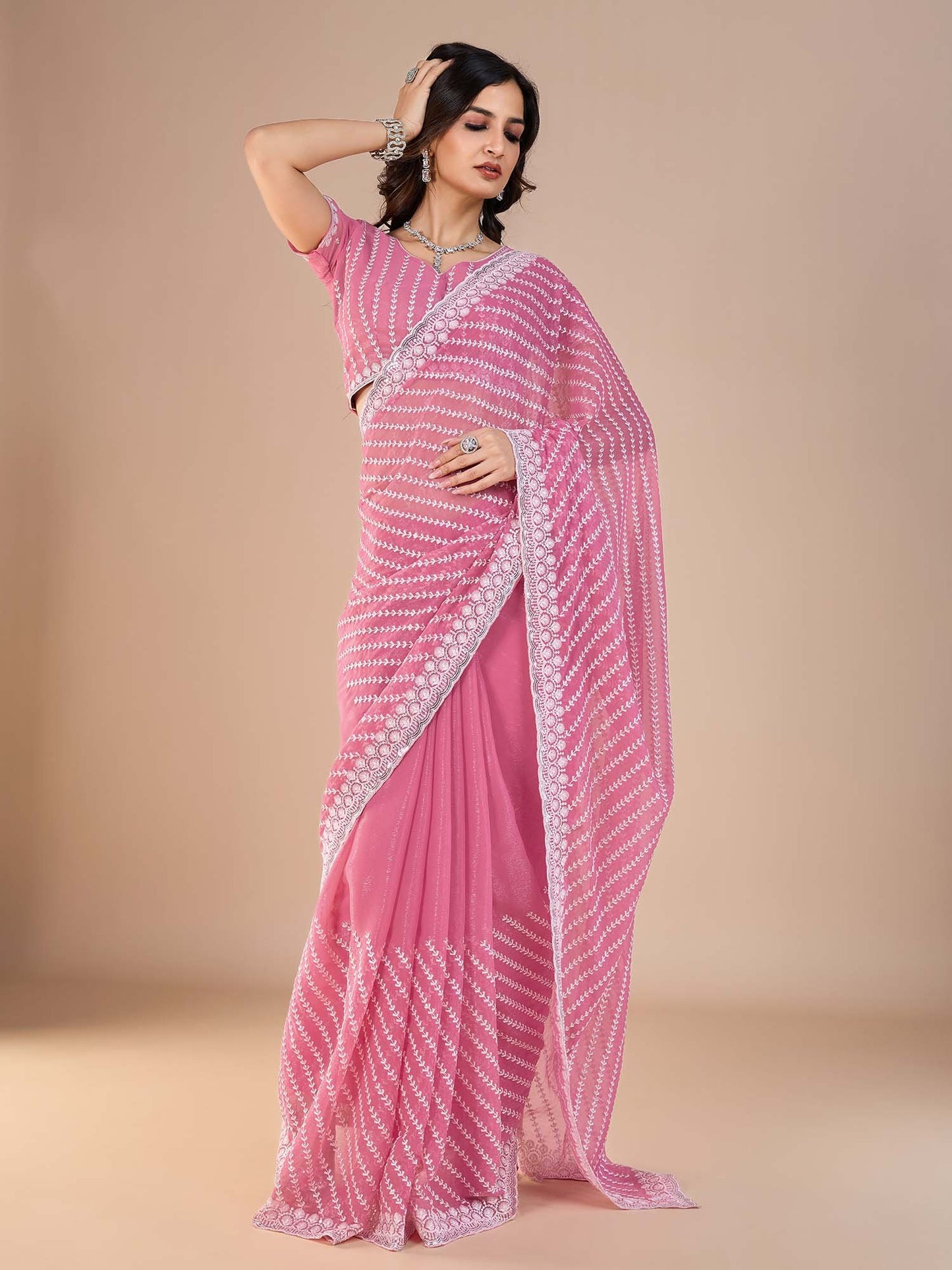Mauve Party Wear Silk Blend Embroidered Saree