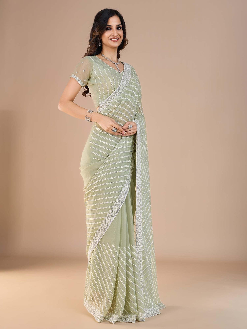 Sea Party Wear Silk Blend Embroidered Saree - The Dori Store