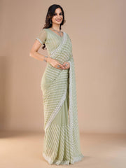 Sea Party Wear Silk Blend Embroidered Saree - The Dori Store