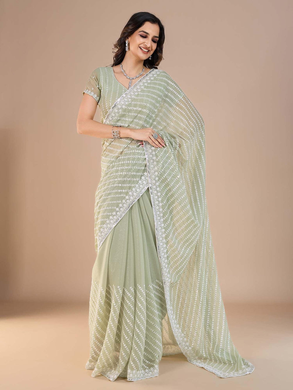 Sea Party Wear Silk Blend Embroidered Saree - The Dori Store