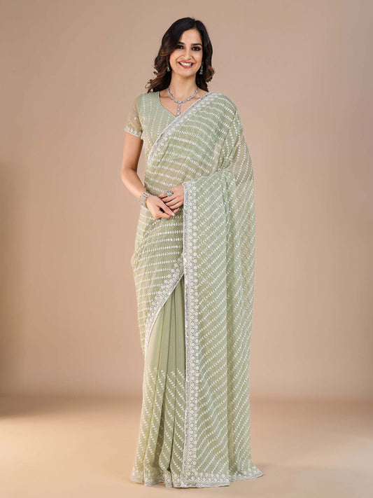 Green Sea Party Wear Silk Blend Embroidered Saree