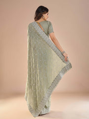 Sea Party Wear Vichitra Silk Embroidered Saree - The Dori Store