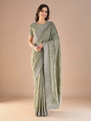 Sea Party Wear Vichitra Silk Embroidered Saree - The Dori Store
