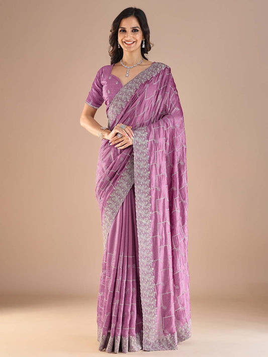 Purple Mauve Party Wear Vichitra Silk Embroidered Saree