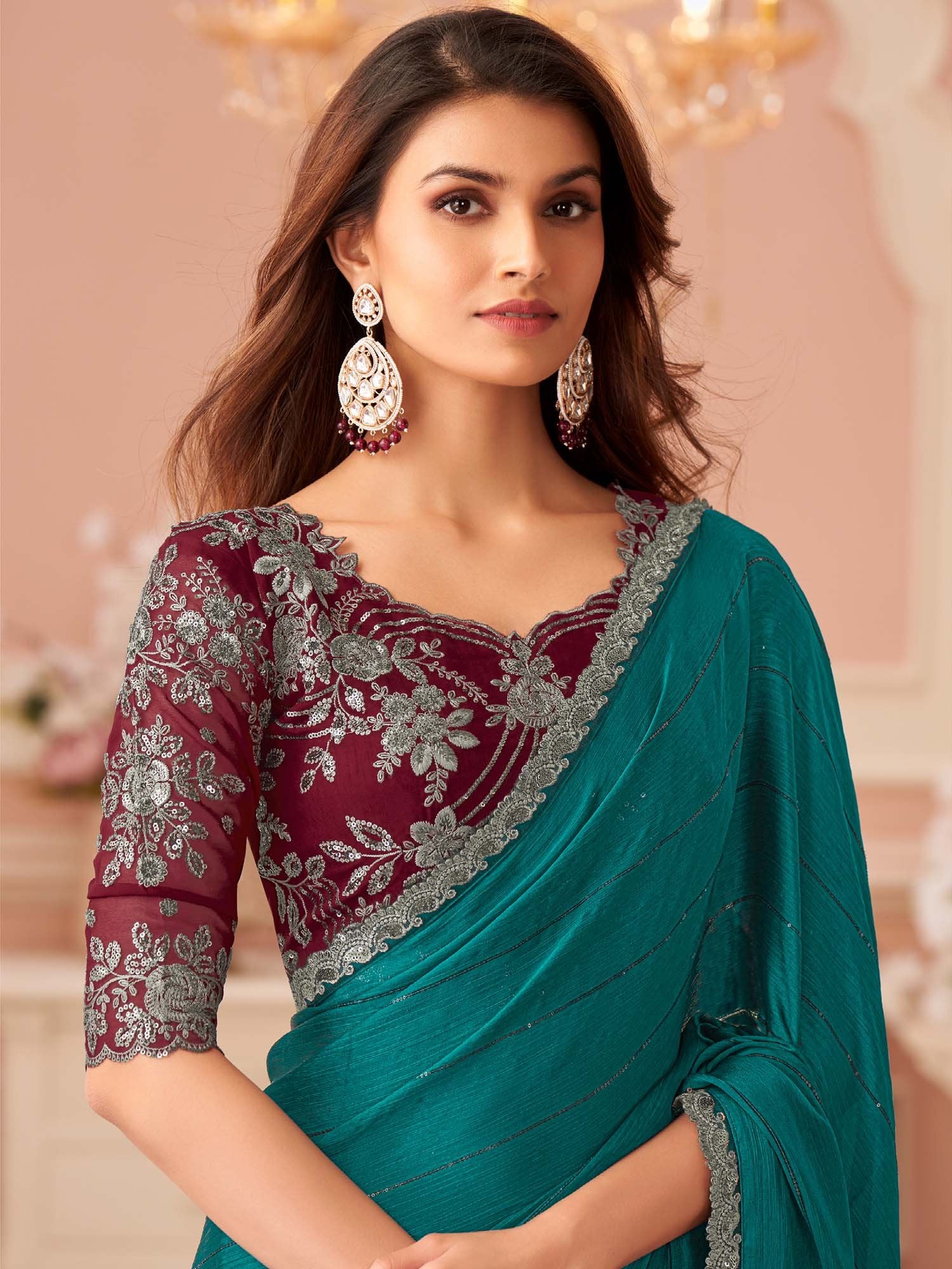 Blue Teal Party Wear Satin Silk Embellished Saree