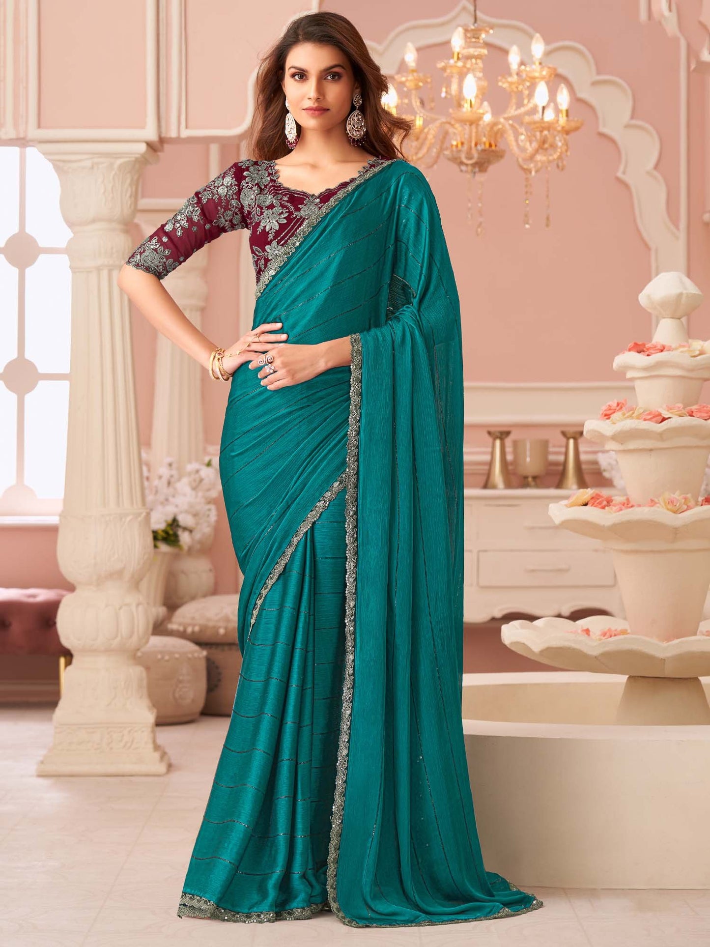 Teal Party Wear Satin Silk Embellished Saree