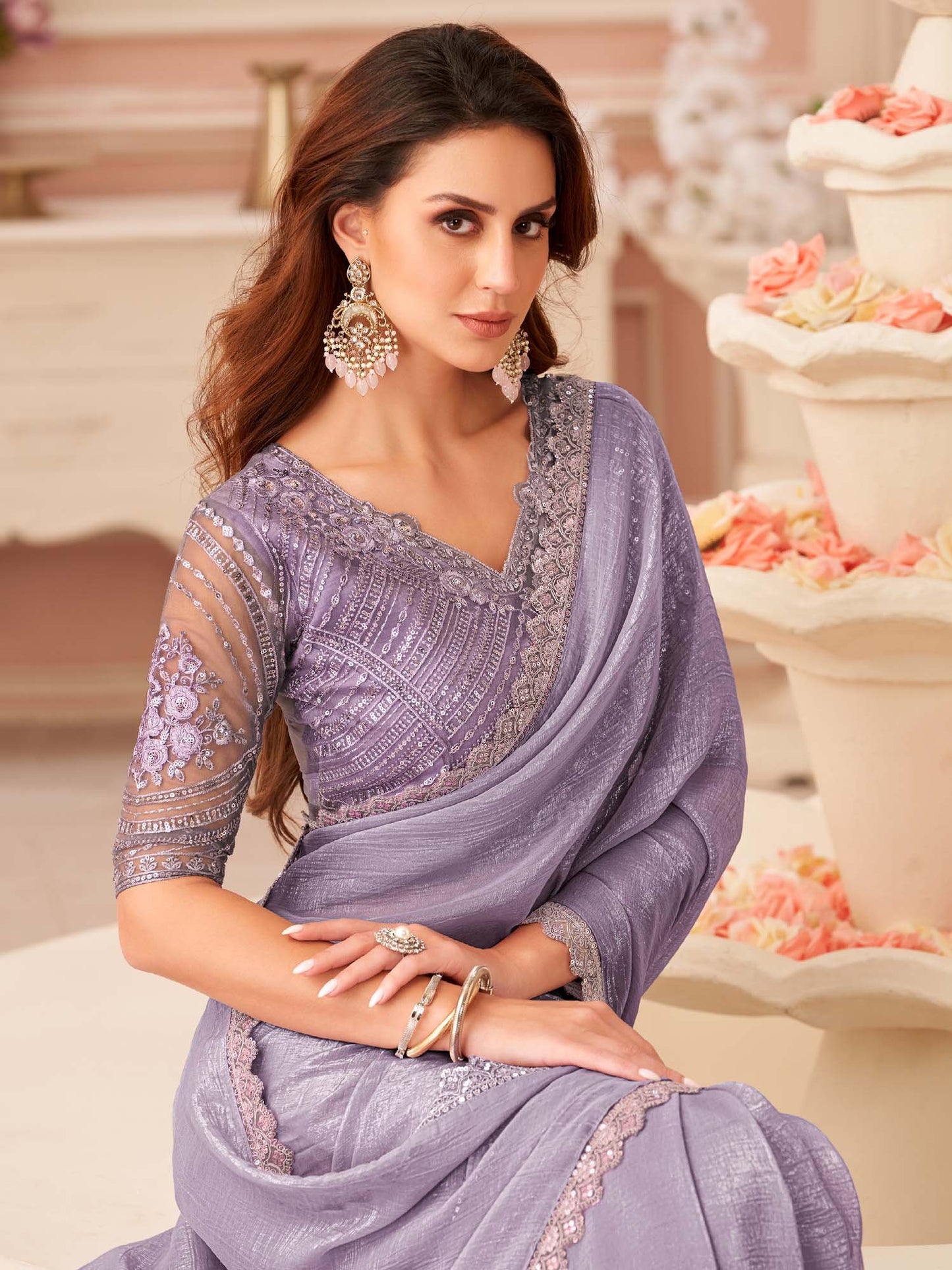Lavender Lavendar Party Wear Georgette Embellished Saree