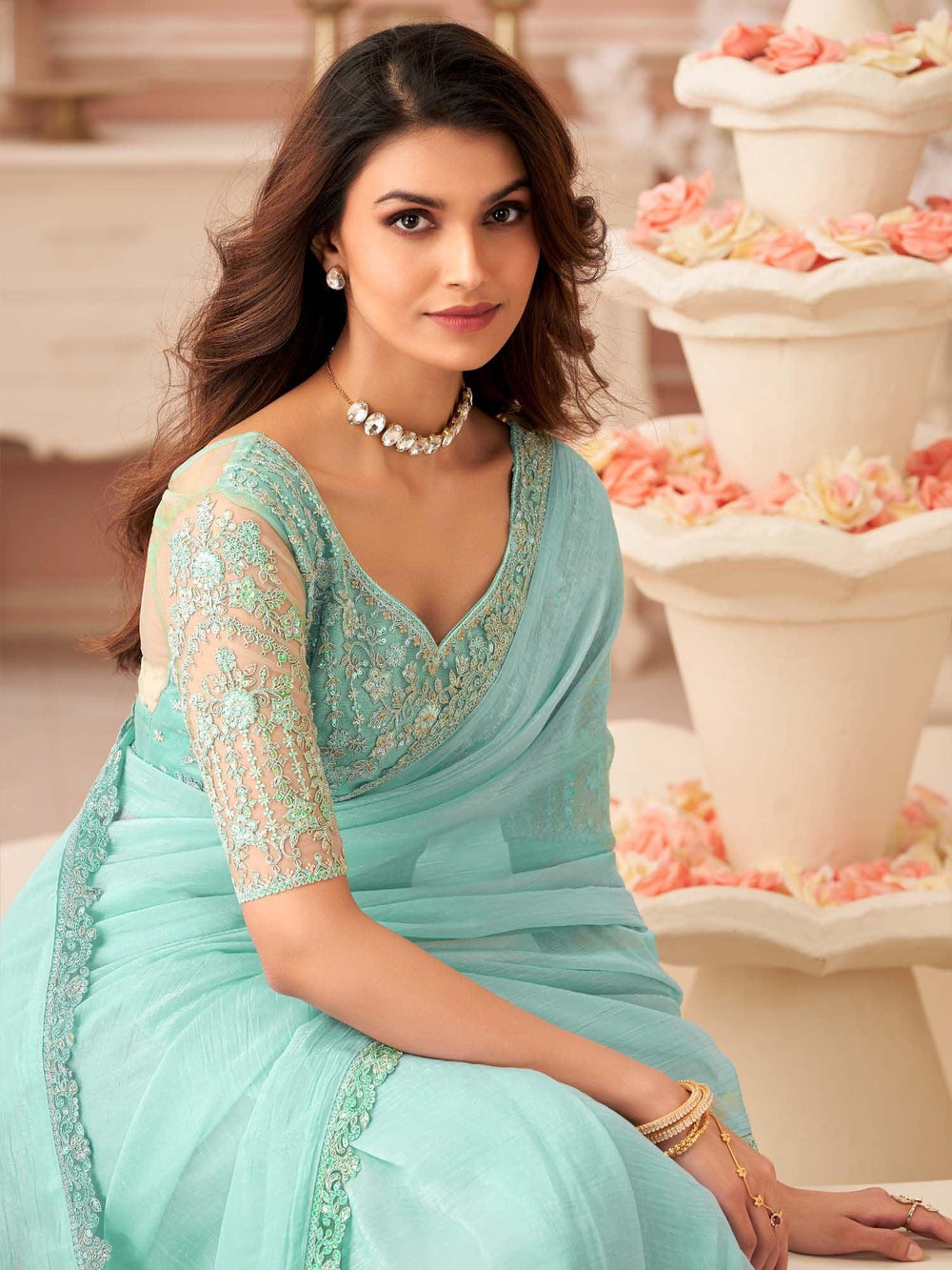 Turquoise Party Wear Georgette Embellished Saree - The Dori Store