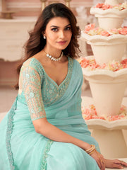 Turquoise Party Wear Georgette Embellished Saree - The Dori Store