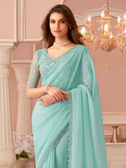 Turquoise Party Wear Georgette Embellished Saree - The Dori Store
