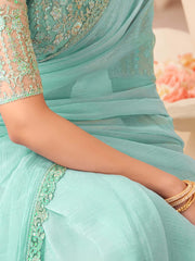 Turquoise Party Wear Georgette Embellished Saree - The Dori Store