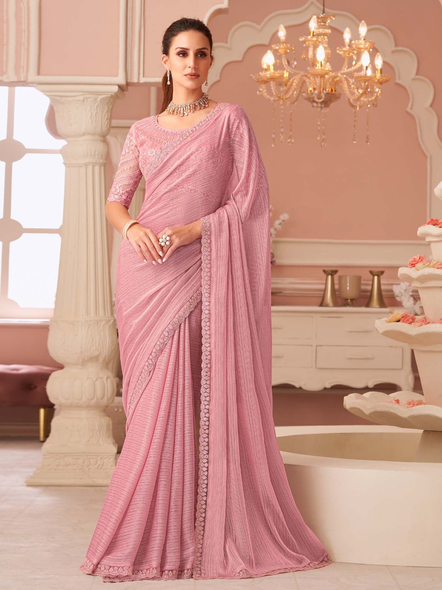 Pink Party Wear Georgette Embellished Saree