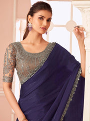 Purple Party Wear Satin Silk Embellished Saree - The Dori Store