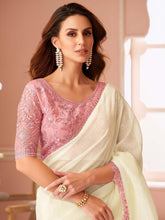 Off White Party Wear Georgette Embellished Saree - The Dori Store