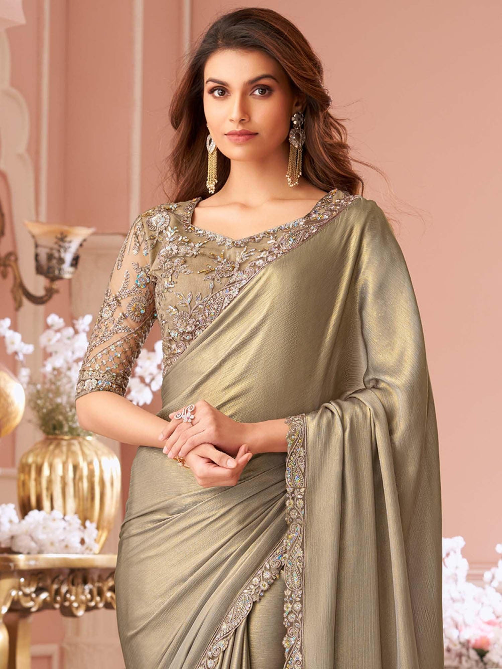Grey Party Wear Chiffon Embellished Saree - The Dori Store
