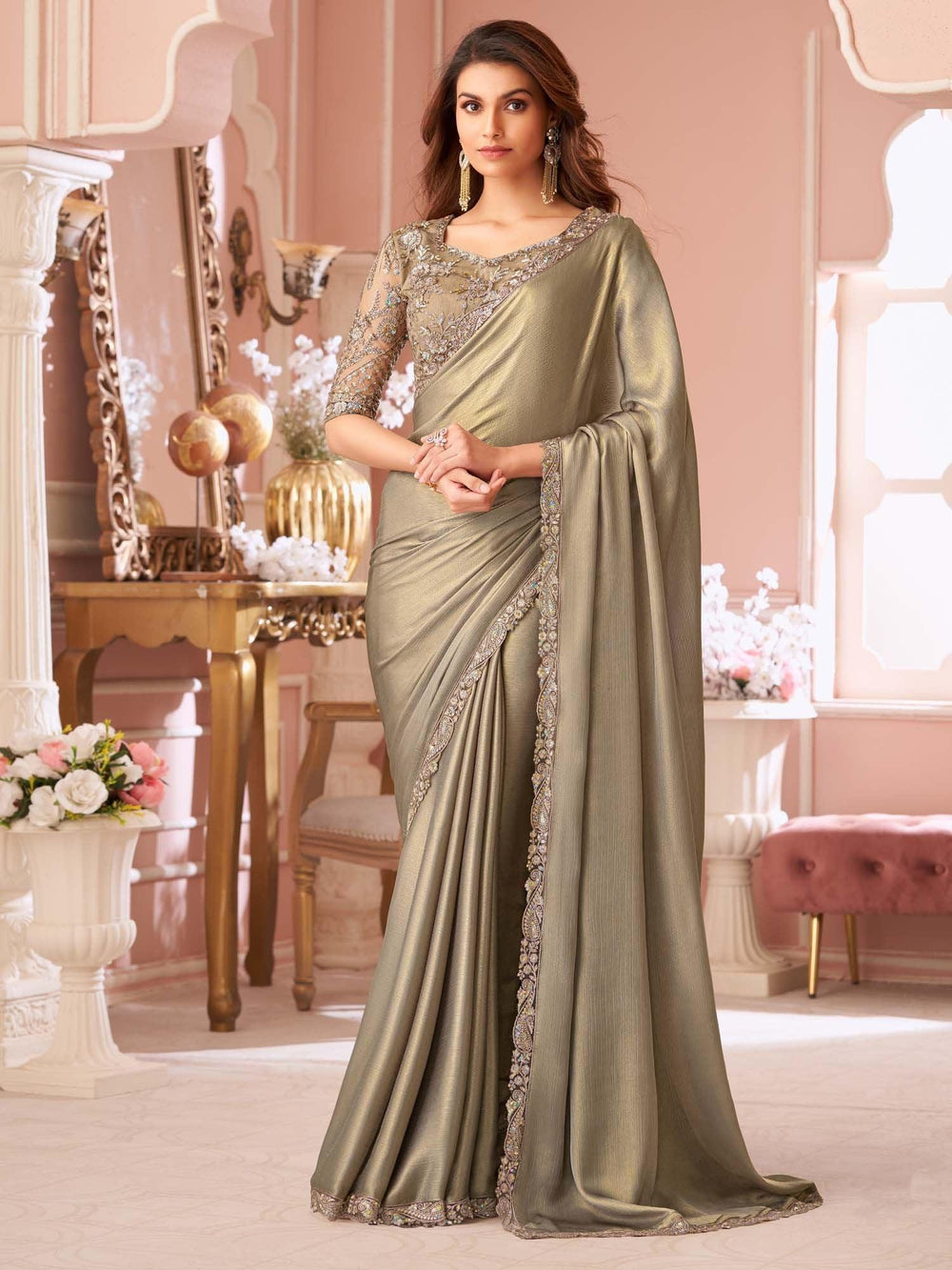 Grey Party Wear Chiffon Embellished Saree - The Dori Store