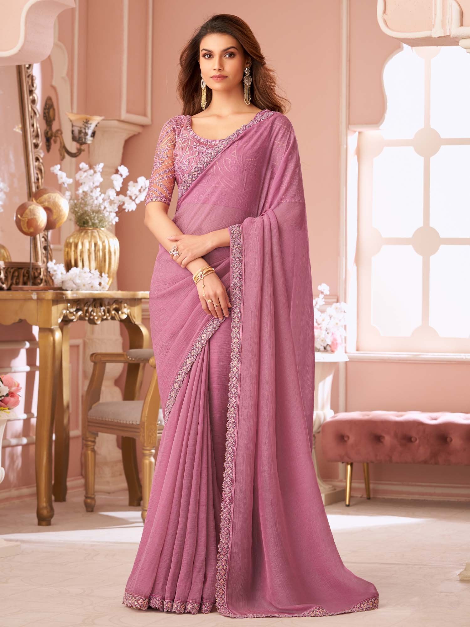 Pink Mauve Party Wear Georgette Embellished Saree