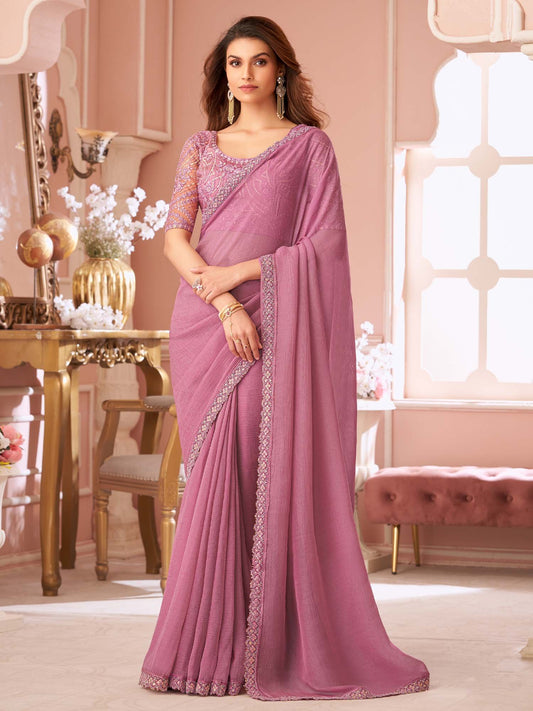 Pink Mauve Party Wear Georgette Embellished Saree