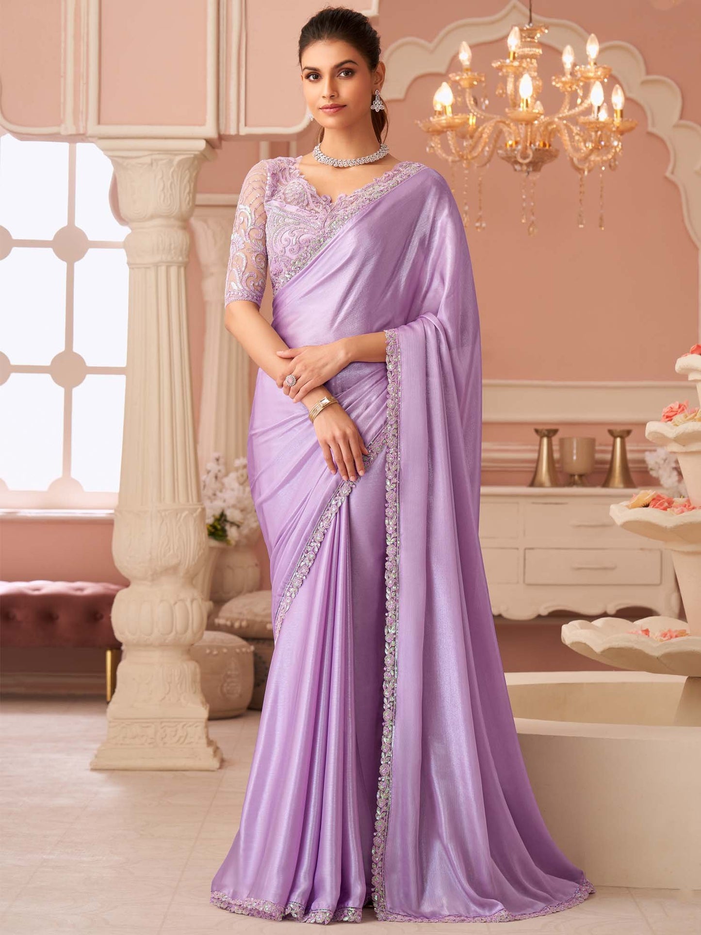Lavendar Party Wear Chiffon Embellished Saree