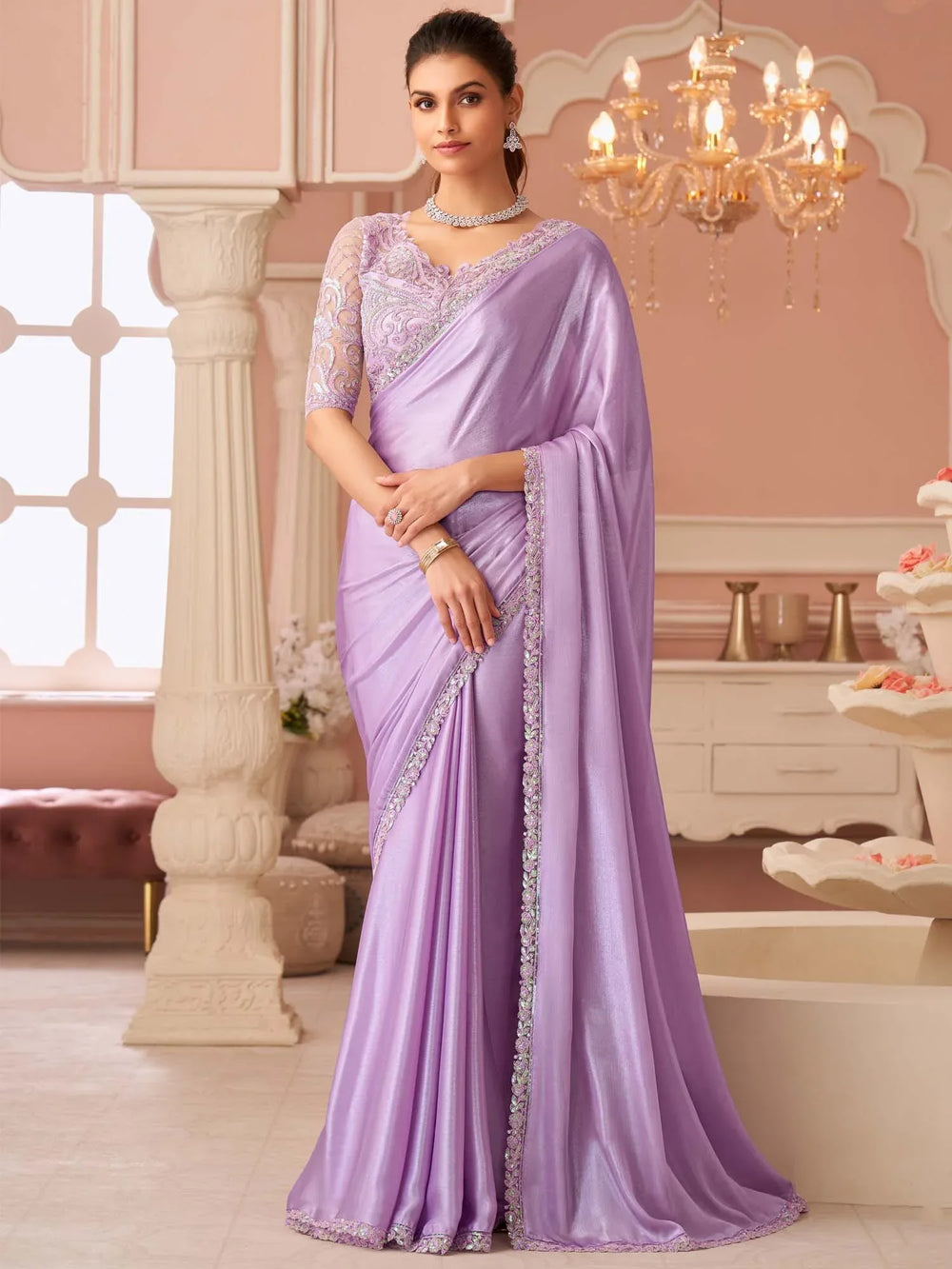 Lavendar Party Wear Chiffon Embellished Saree - The Dori Store