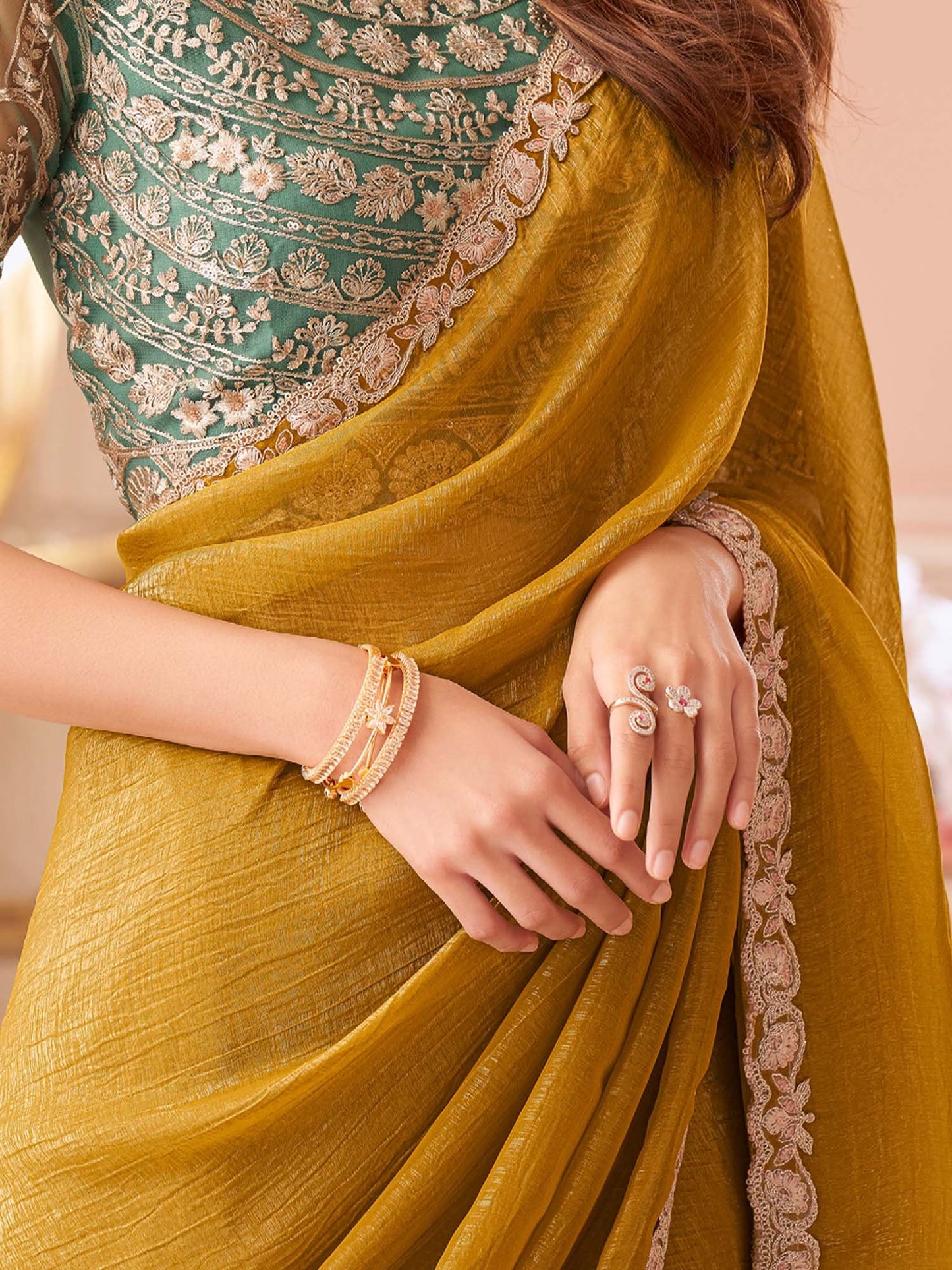 Mustard Party Wear Georgette Embellished Saree