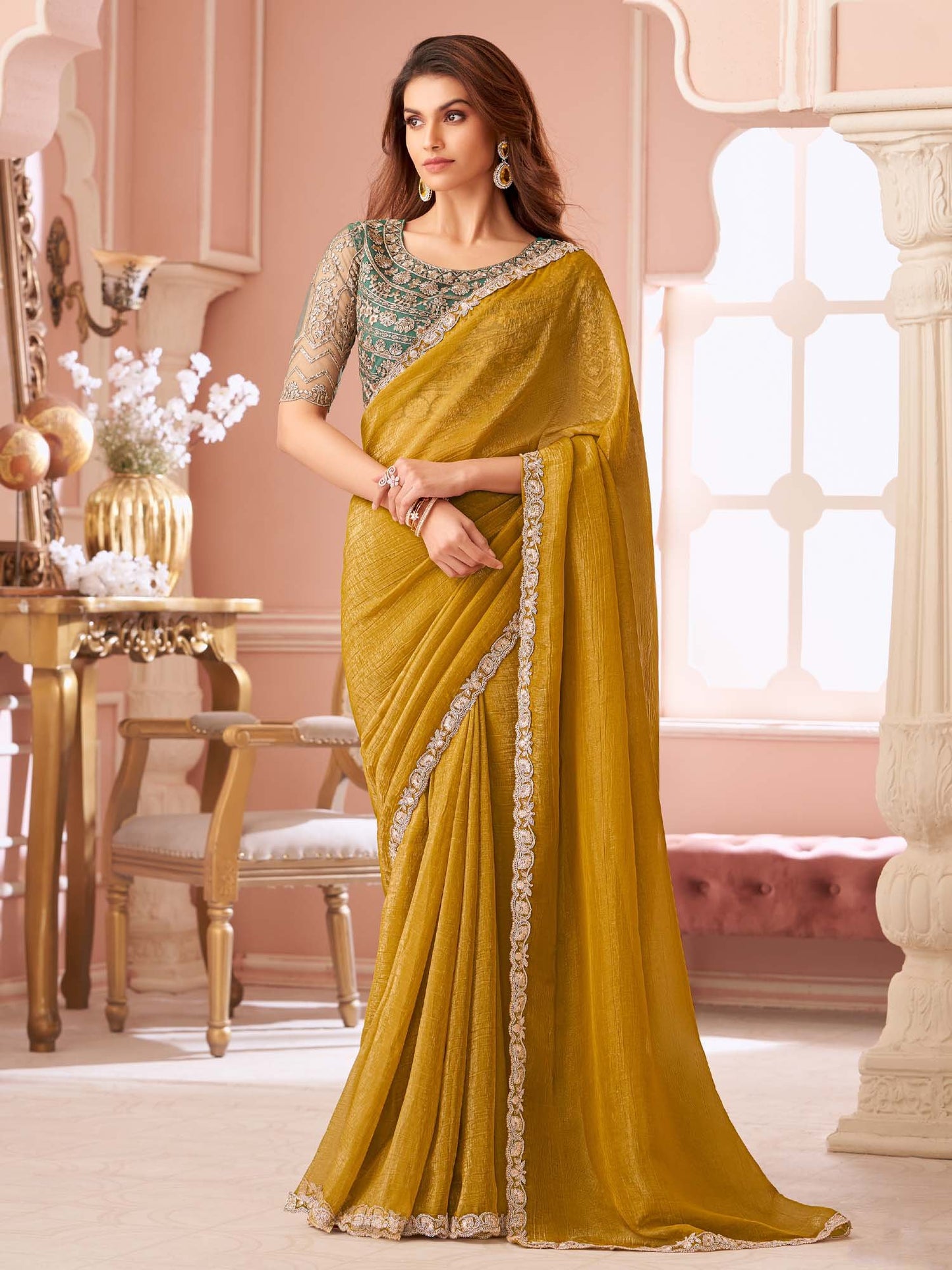 Mustard Party Wear Georgette Embellished Saree