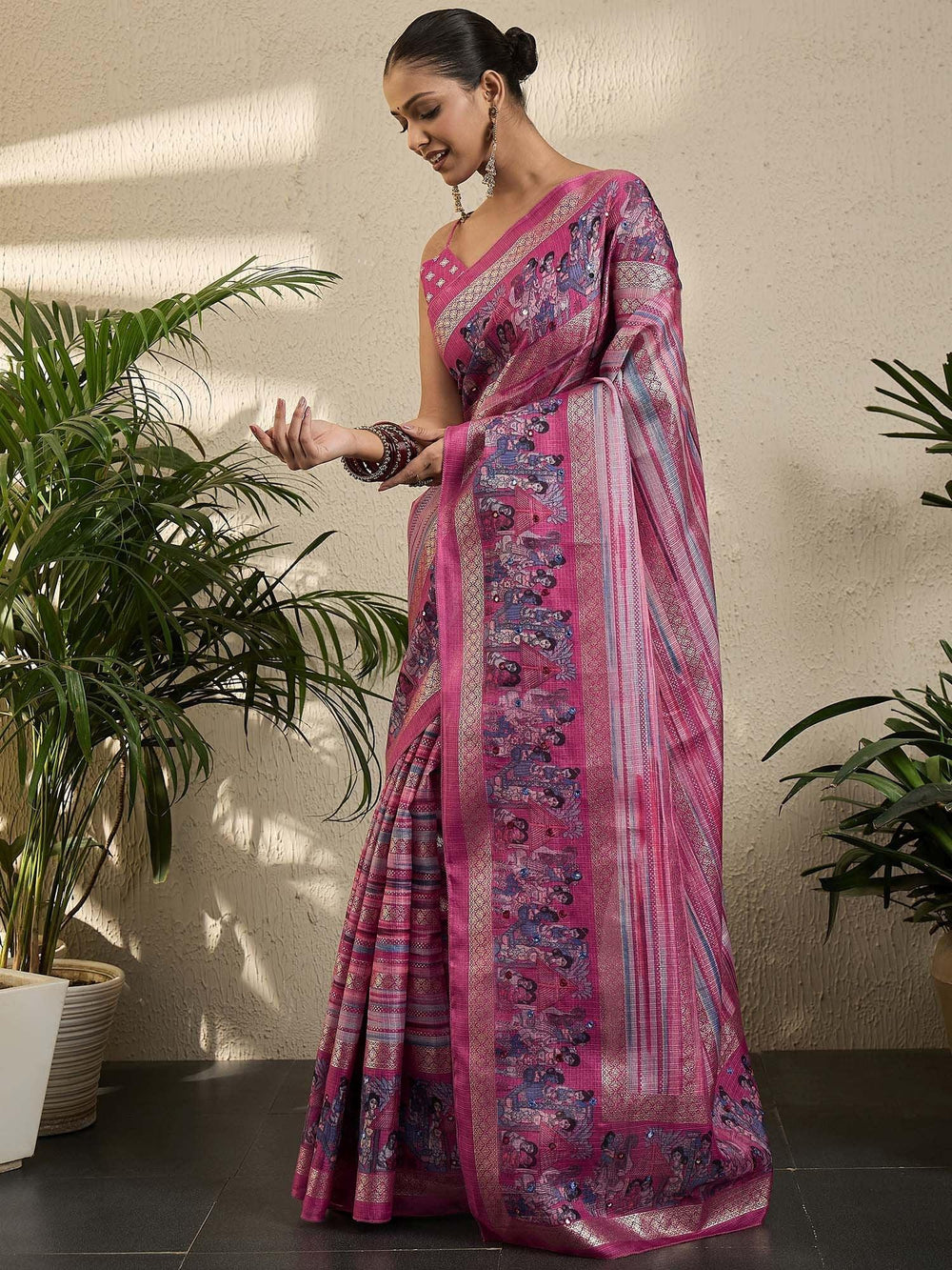 Pink Kota Jute Silk Printed Saree - The Dori Store