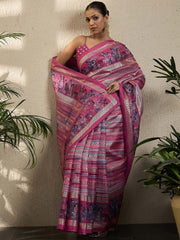 Pink Kota Jute Silk Printed Saree - The Dori Store