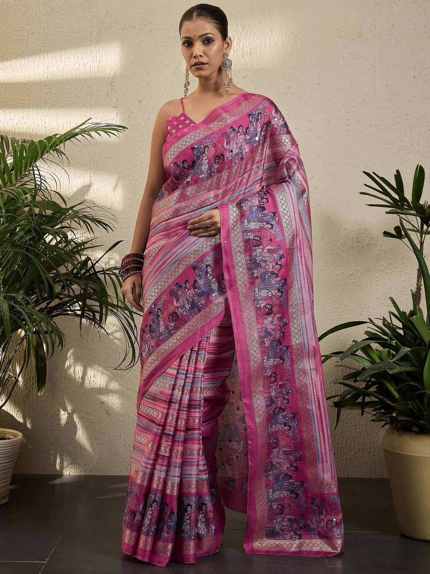 Pink Pink Kota Jute Silk Printed Saree