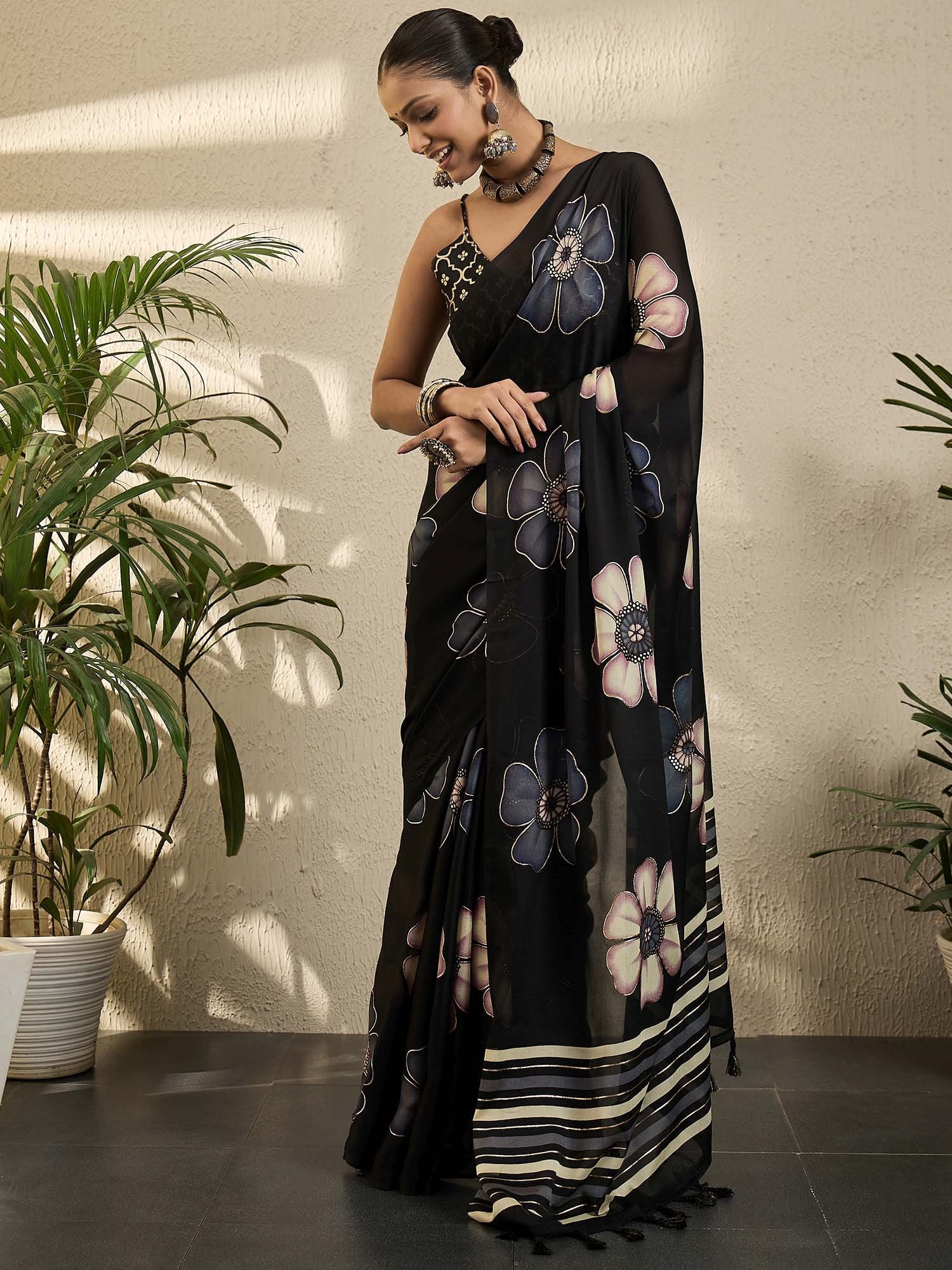 Black Black Block Print Georgette Printed Saree