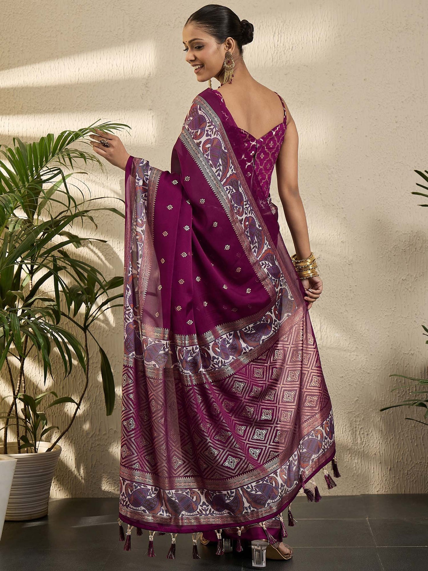 Magenta Banarasi Georgette Printed Saree