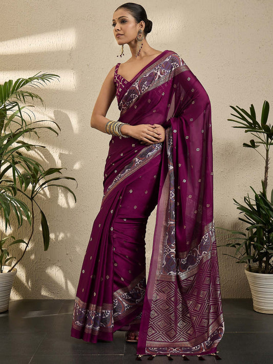 Purple Magenta Banarasi Georgette Printed Saree
