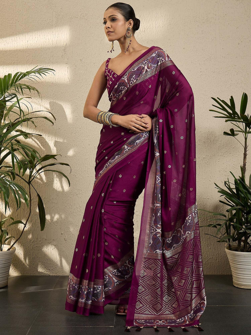 Magenta Banarasi Georgette Printed Saree - The Dori Store