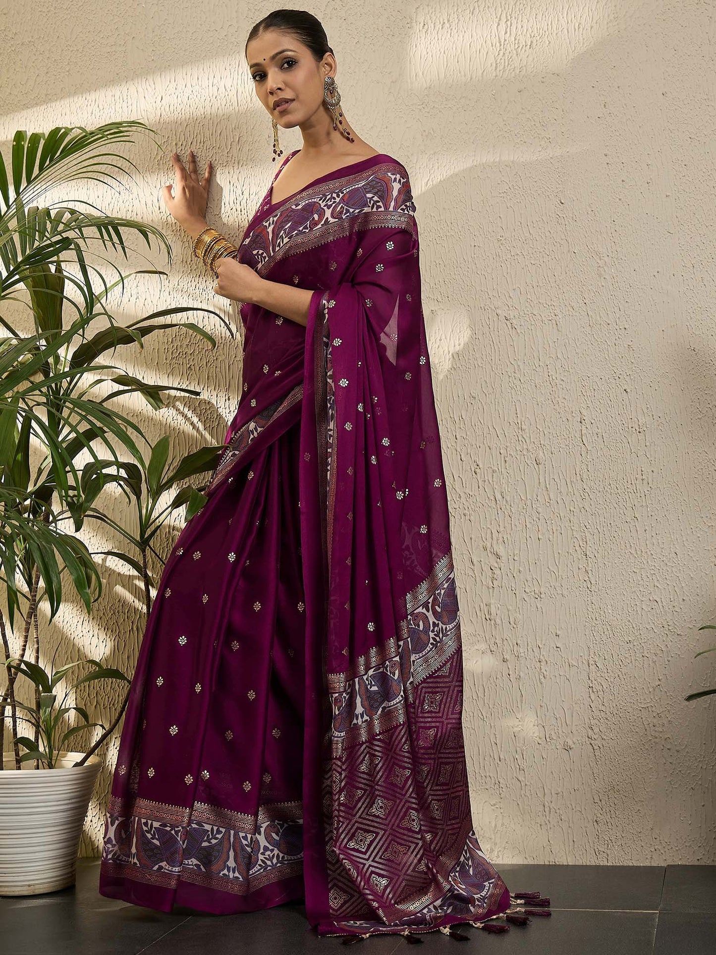 Magenta Banarasi Georgette Printed Saree