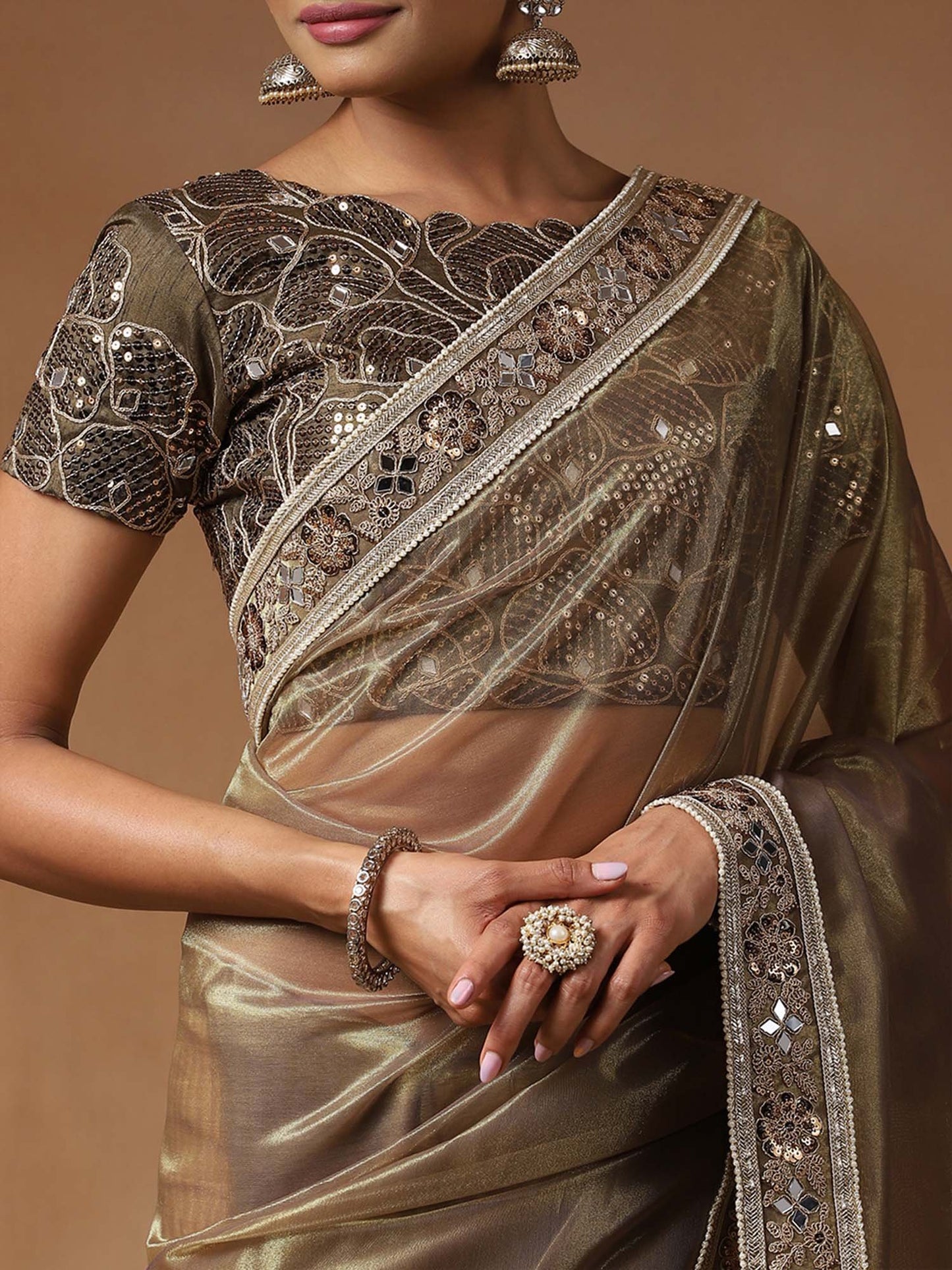 Gold Party Wear Net Embellished Saree