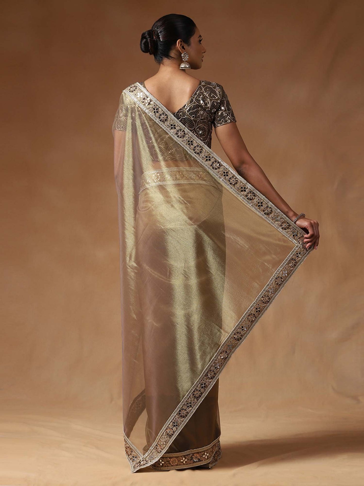 Gold Party Wear Net Embellished Saree