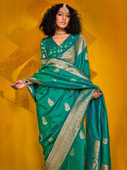 Green Banarasi Silk Blend Woven Saree - The Dori Store