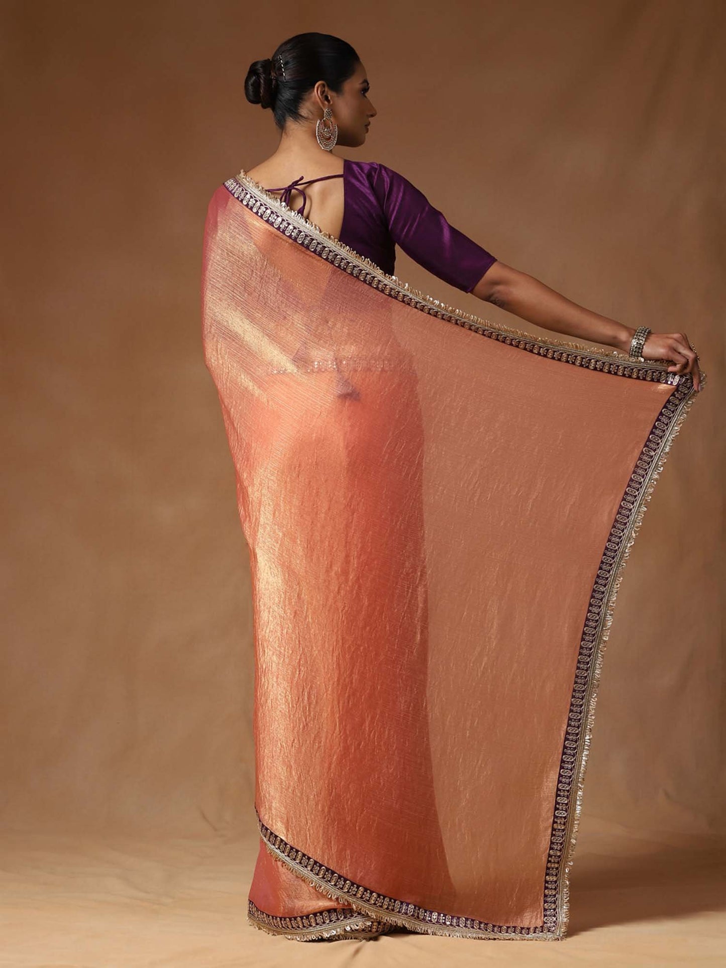 Peach Party Wear Chiffon Embellished Saree