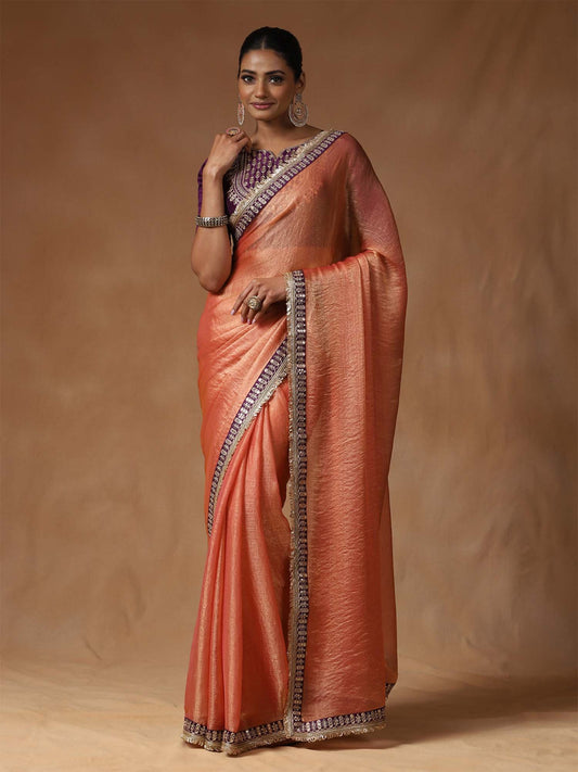 Pink Peach Party Wear Chiffon Embellished Saree