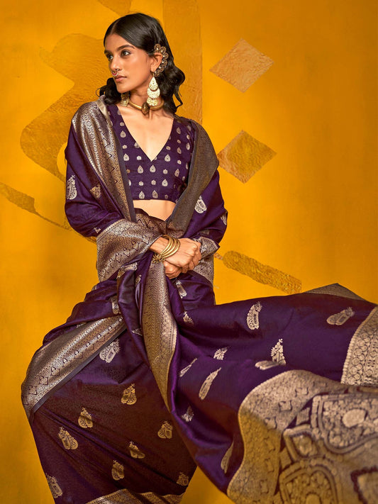 Purple Purple Banarasi Silk Blend Woven Saree