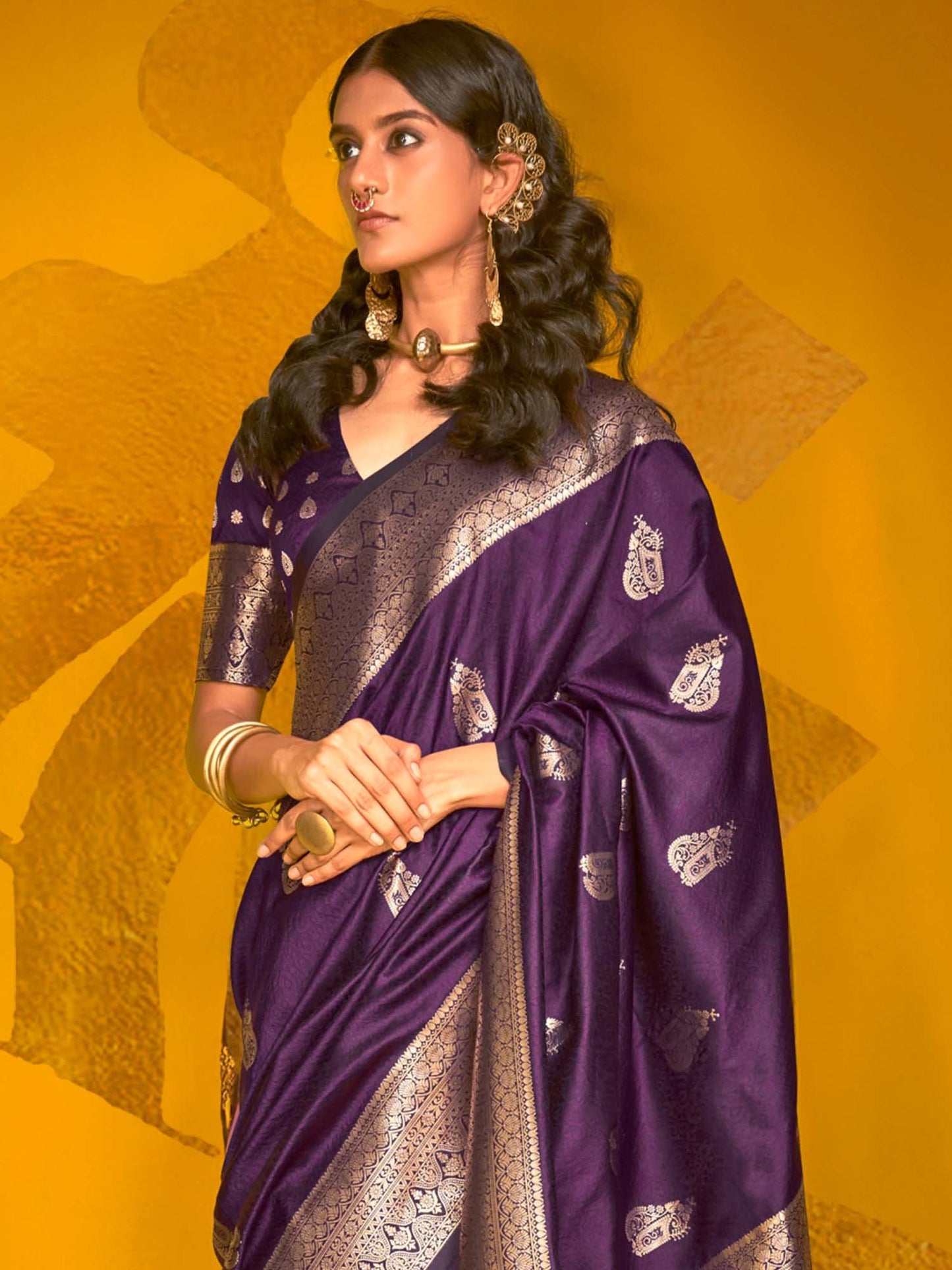 Purple Banarasi Silk Blend Woven Saree